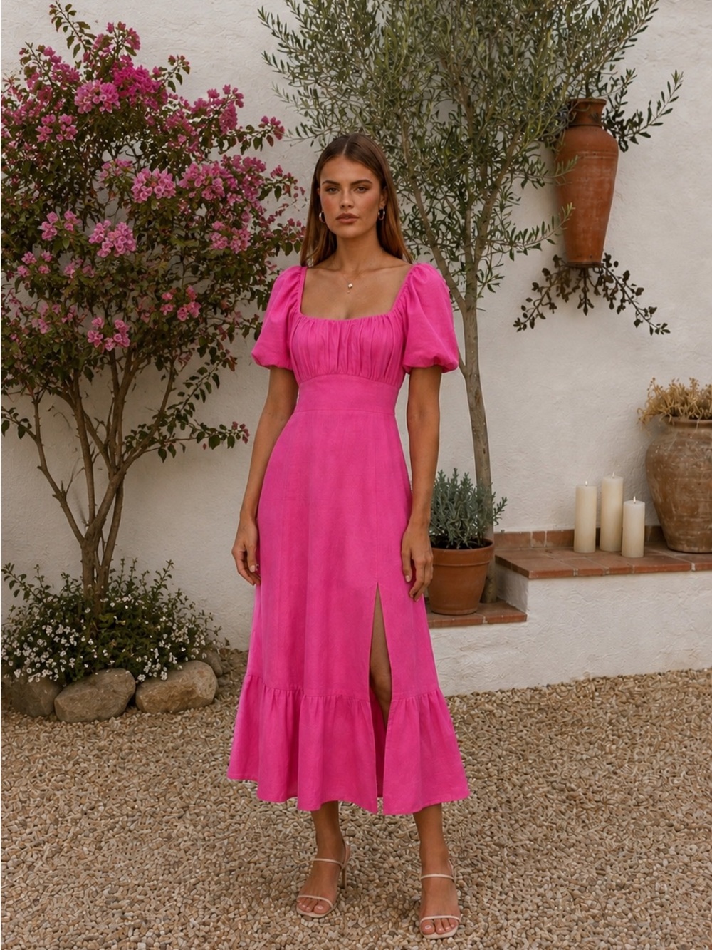 Pink Puff Sleeve Square Neck Linen Blend Midi Dress Rose Violet Size 14 NWOT